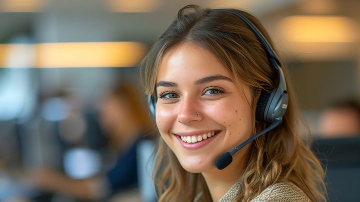 smiling woman with a headset on in an office